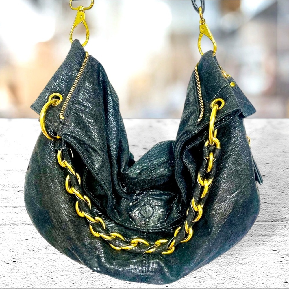 Armani Exchange Black Leather Expandable Slouchy Hobo Chain Shoulder Bag